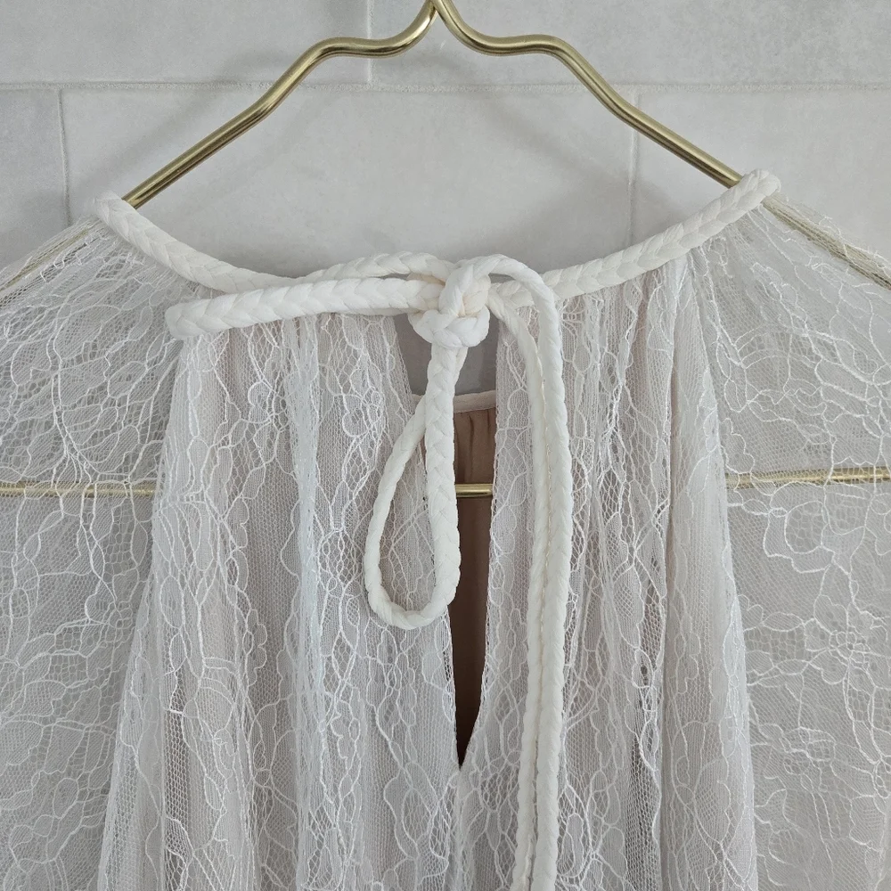 Alice + Olivia Delia Ruffled Lace Tunic Top Blouse White Sheer Mesh Bell Sleeve - Picture 9 of 10